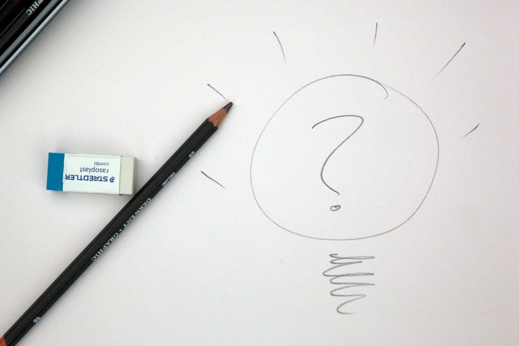 pencil and eraser with a question mark on a sheet of paper